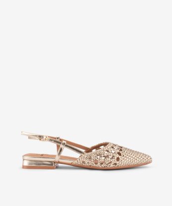 SAPATO PUMP SLING BACK ENTRANÇADO METALIZADO DE TACÃO BAIXO