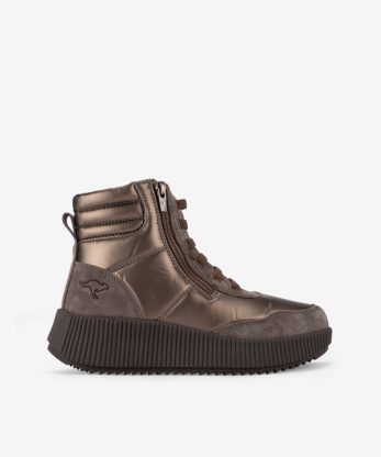 BOTIM KANGAROOS EM CROUTE CAMURÇA COMBINADO COM NYLON DE ATACADOR ELÁSTICO E FECHO EM SOLA PLATAFORMA