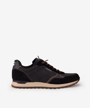 SAPATO DESPORTIVO EM PELE ACAMURÇADA COMBINADA COM PERFURADO DE ATACADOR COM ESTILO RUNNING