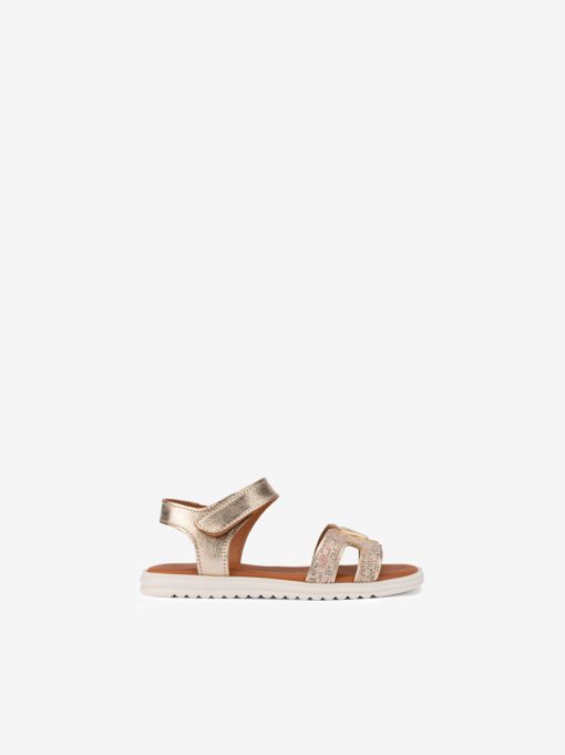 SANDÁLIA DE VELCRO EM PELE METALIZADA COMBINADA COM ESTAMPADO