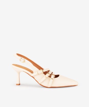 SAPATO DE SALTO PUMP MARY JANE COM TIRAS DE FIVELA EM FORMA PONTIAGUDA