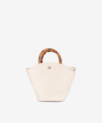 MALA EM VERNIZ ESTAMPADO COM ALÇA DE BAMBU