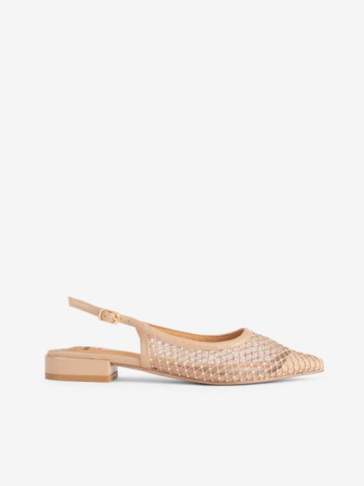 SAPATO PUMP SLING BACK EM MESH COMBINADA DE TACÃO BAIXO COM CRISTAIS