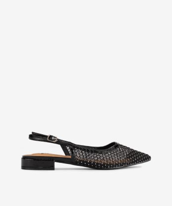 SAPATO PUMP SLING BACK EM MESH COMBINADA DE TACÃO BAIXO COM CRISTAIS - PRETO, 36