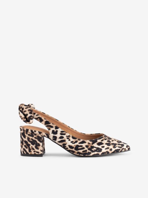 SAPATO SLING BACK ESTAMPADO LEOPARDO DE TACÃO COM LAÇO EM FORMA PONTIAGUDA