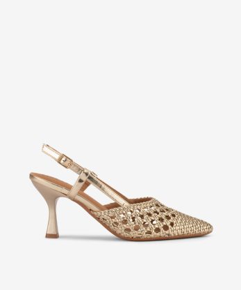 SAPATO SLING BACK METALIZADO DE SALTO COM PEÇA ENTRANÇADA EM FORMA PONTIAGUDA