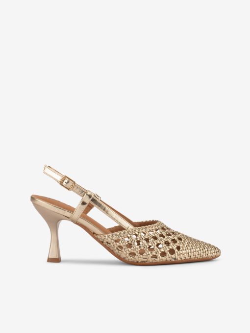 SAPATO SLING BACK METALIZADO DE SALTO COM PEÇA ENTRANÇADA EM FORMA PONTIAGUDA