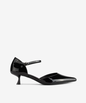 SAPATO STILETTO ABERTO LATERAL EM VERNIZ DE SALTO KITTEN COM FORMA PONTIAGUDA - PRETO, 39