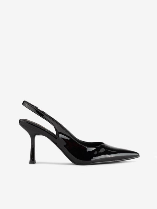 SAPATO STILETTO SLING BACK EM VERNIZ DE SALTO COM FORMA PONTIAGUDA