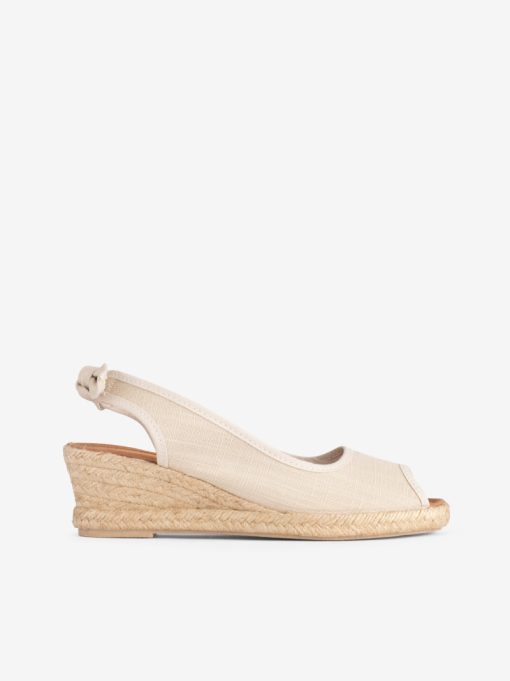 SANDÁLIA PEEP TOE EM CANVAS COM SOLA DE CUNHA CORDA