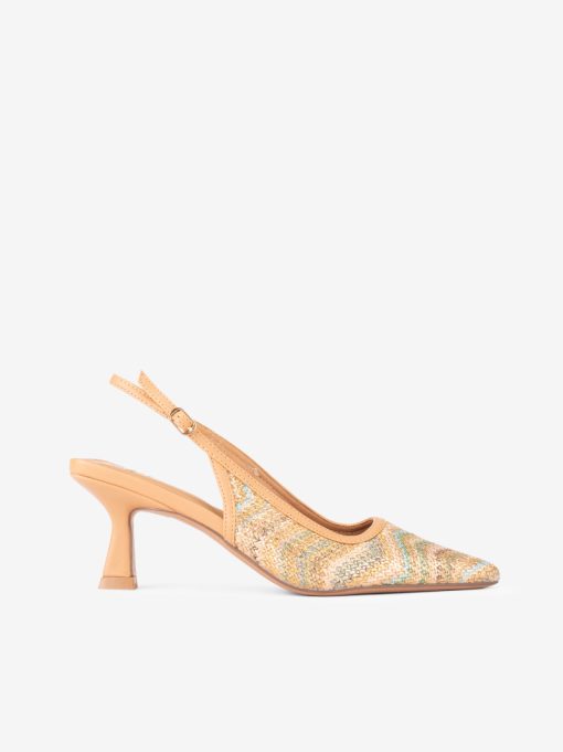 SAPATO PUMP SLING BACK EM RÁFIA COMBINADA DE SALTO COM FORMA PONTIAGUDA