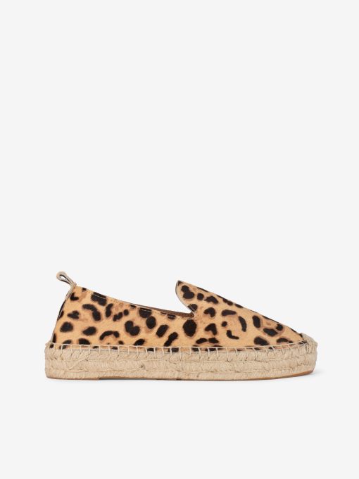 ALPERCATA SLIP ON EM PELE ESTAMPADA LEOPARDO COM SOLA PLATAFORMA DE CORDA