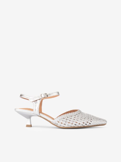 SAPATO SLING BACK METALIZADO DE SALTO KITTEN COM PEÇA ENTRANÇADA EM FORMA PONTIAGUDA