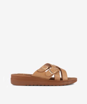 SANDÁLIA RASA DE FIVELA COM SOLA FLEX - CAMEL, 40