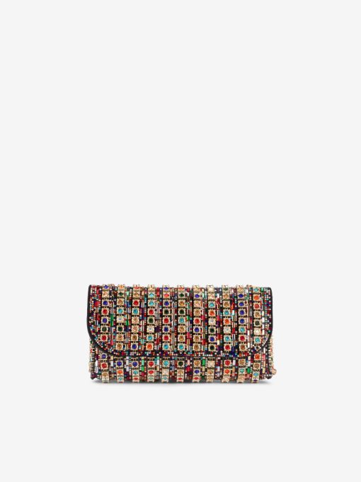 MALA DE MÃO ESTILO ENVELOPE COM APLICAÇÕES DE CRISTAIS MULTICOLOR