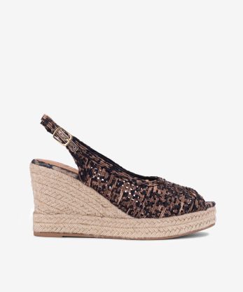 SANDÁLIA SLING BACK PEEP TOE EM CUNHA DE CORDA COM ESTAMPADO LEOPARDO