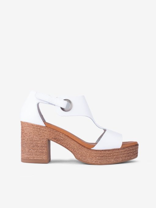 SANDÁLIA DE TACÃO COM PLATAFORMA IMITAÇÃO DE CORDA EM PELE COM TIRA DE VELCRO E PALMILHA COMFY