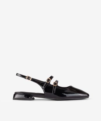 SAPATO MARY JANE SLING BACK EM VERNIZ COM FORMA QUADRADA