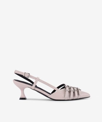 SAPATO SLING BACK EM VERNIZ DE SALTO COM FORMA PONTIAGUDA
