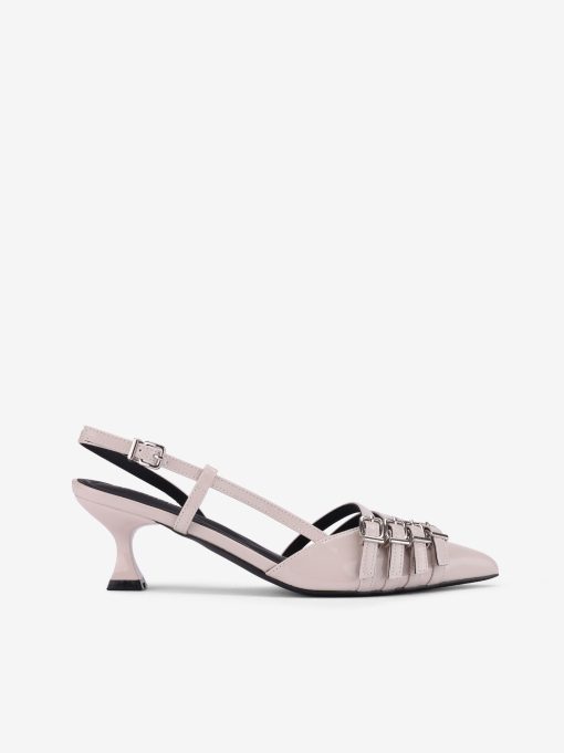 SAPATO SLING BACK EM VERNIZ DE SALTO COM FORMA PONTIAGUDA