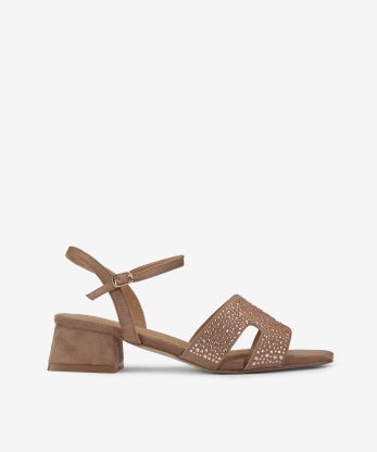 SANDÁLIA DE TACÃO COM APLICAÇÕES DE CRISTAIS - TAUPE, 38