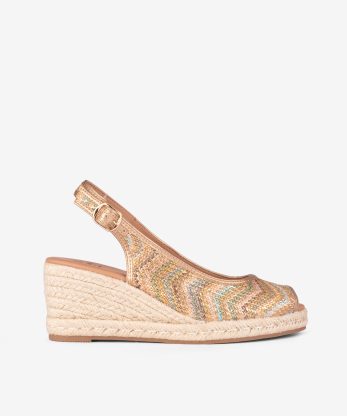 SAPATO SLING BACK PEEP TOE RÁFIA MULTICOLOR COM CUNHA DE CORDA