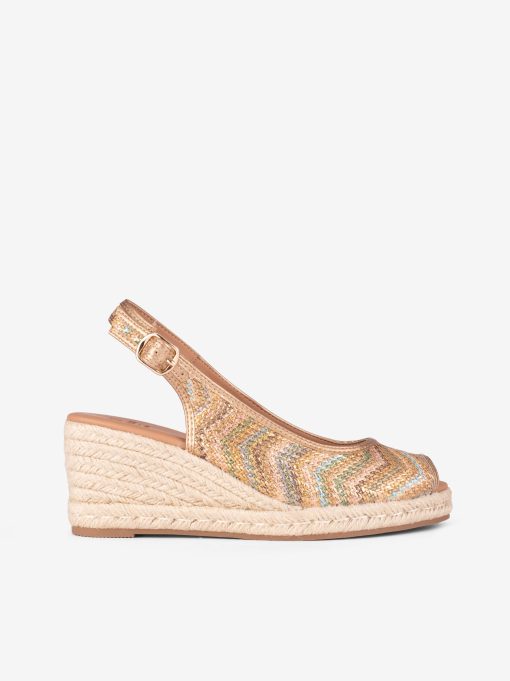 SAPATO SLING BACK PEEP TOE RÁFIA MULTICOLOR COM CUNHA DE CORDA