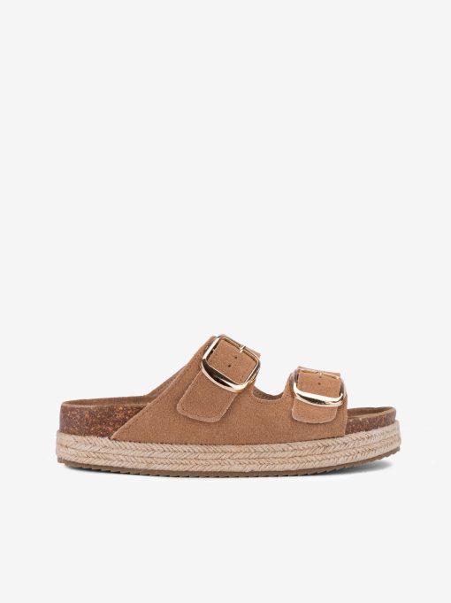 SLIPPER ON ROPE PLATFORM IN CROUTE SUEDE WITH ANATOMICAL INSOLE AND PIECE WITH DOUBLE METALLIC BUCKLE
