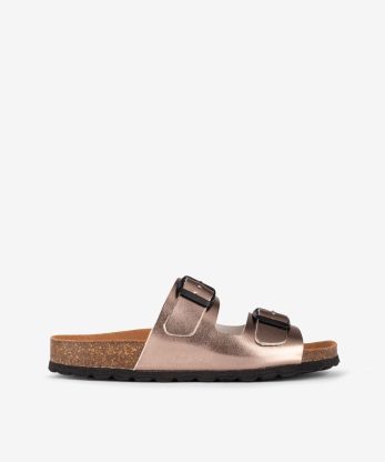 CHINELO INDIGO BAY EM PELE METALIZADA COM DUPLA FIVELA E PALMILHA BIO