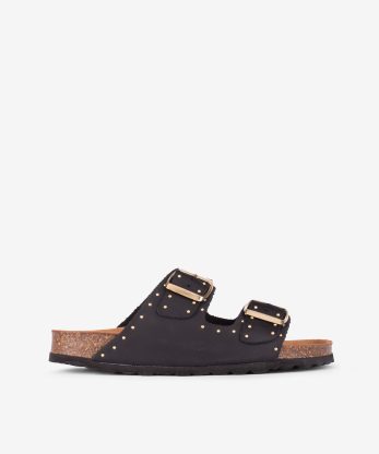 CHINELO DE DUPLA FIVELA EM PELE VINTAGE DECORADA COM MICRO TACHAS METÁLICAS COM PALMILHA BIO