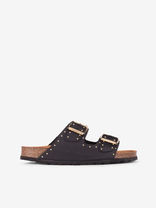CHINELO DE DUPLA FIVELA EM PELE VINTAGE DECORADA COM MICRO TACHAS METÁLICAS COM PALMILHA BIO