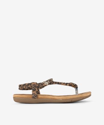 SANDÁLIA ESTAMPADA LEOPARDO DE ELÁSTICO COM APLICAÇÕES EM PALMILHA CONFORTO