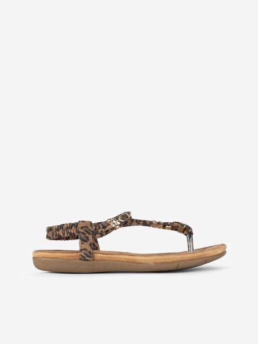 SANDÁLIA ESTAMPADA LEOPARDO DE ELÁSTICO COM APLICAÇÕES EM PALMILHA CONFORTO