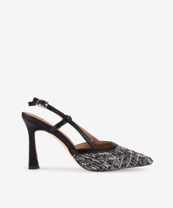 SAPATO SLING BACK EM TWEED COMBINADO DE SALTO COM FORMA PONTIAGUDA
