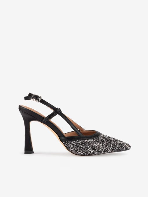 SAPATO SLING BACK EM TWEED COMBINADO DE SALTO COM FORMA PONTIAGUDA