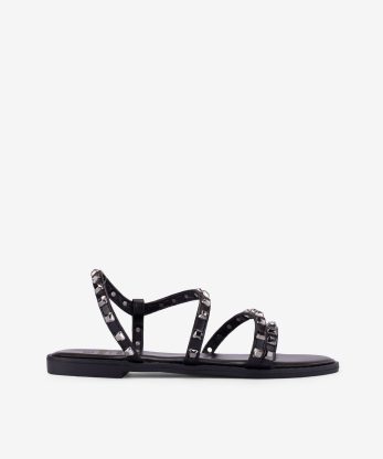 SANDÁLIA ASSIMÉTRICA RASA COM APLICAÇÕES DE TACHAS - PRETO, 36