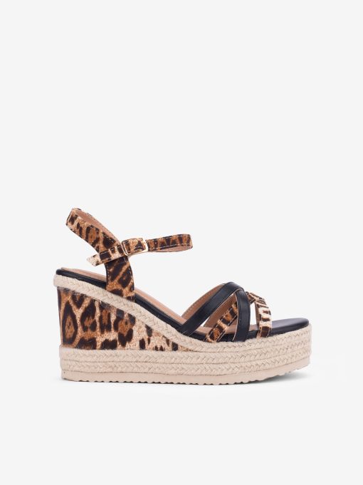 SANDÁLIA EM CUNHA DE CORDA COMBINADA COM ESTAMPADO LEOPARDO