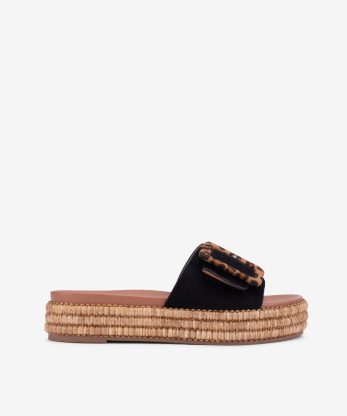 SANDÁLIA MULE EM PLATAFORMA DE RÁFIA COM FIVELA - PRETO, 37