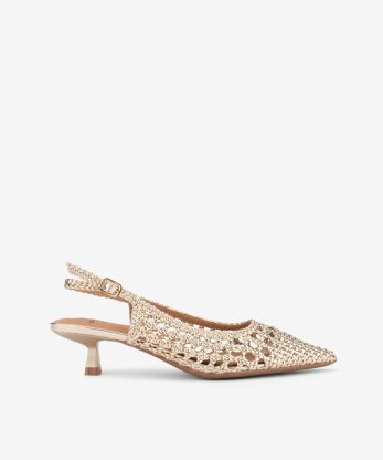 SAPATO PUMP SLING BACK METALIZADO ENTRANÇADO DE SALTO - DOURADO, 39