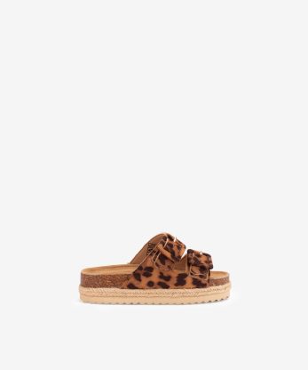 SANDÁLIA BIO DE DUPLA FIVELA ESTAMPADA LEOPARDO COM SOLA PLATAFORMA DE CORDA