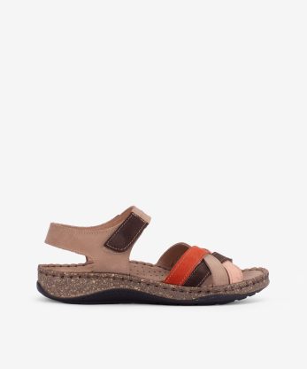 SANDÁLIA EM PELE NOBUCK MULTICOLOR COM TIRAS DE VELCRO EM SOLA CONFORTO