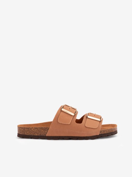 CHINELO DE DUPLA FIVELA METÁLICA EM PELE VINTAGE COM PALMILHA BIO