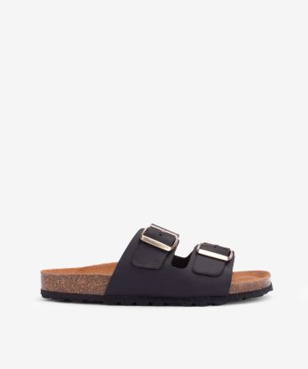CHINELO DE DUPLA FIVELA METÁLICA EM PELE VINTAGE COM PALMILHA BIO - PRETO, 35