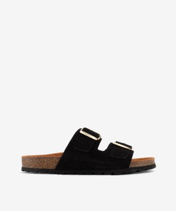 CHINELO DE DUPLA FIVELA METÁLICA EM PELE VINTAGE COM PALMILHA BIO - PRETO, 36