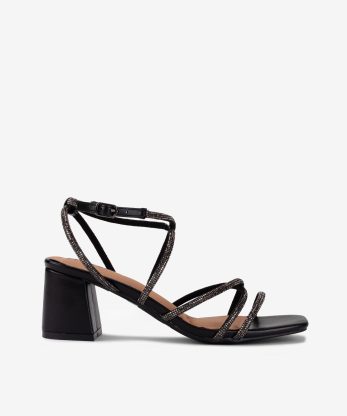 SANDÁLIA DE TACÃO COM TIRAS TUBULARES DECORADAS COM CRISTAIS - PRETO, 41