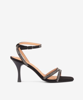 SANDÁLIA DE SALTO COM TIRAS DECORADAS COM CRISTAIS - PRETO, 36