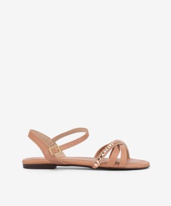 SANDÁLIA RASA DE TIRAS CRUZADAS COM APLICAÇÕES DE CRISTAIS - CREME, 39