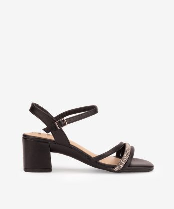 SANDÁLIA DE TACÃO COM TIRAS TUBULARES DECORADAS COM CRISTAIS - PRETO, 41