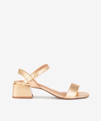 SANDÁLIA DE TACÃO METALIZADA ESTAMPADA DE FIVELA COM FORMA QUADRADA - DOURADO, 38