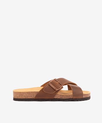 SANDÁLIA EM PELE VINTAGE DE TIRAS CRUZADAS COM FIVELA EM PALMILHA BIO - CAMEL, 40